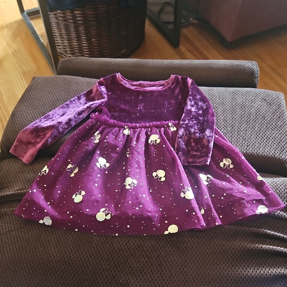 Disney Girls Velvet Dress in Deep Purple with Gold Minnie Accents: 12months